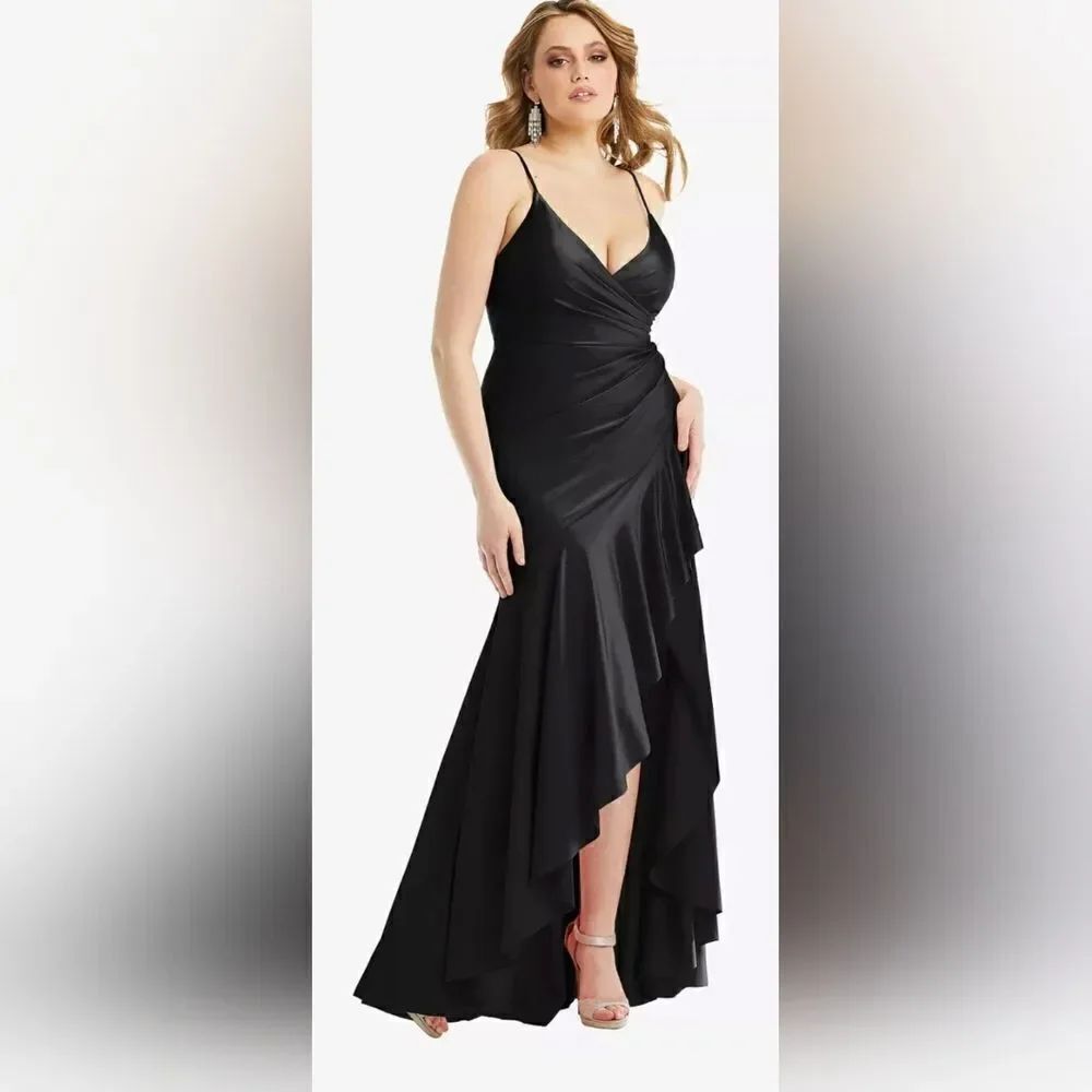 Cynthia and Sahar CS111 Pleated Wrap Ruffled High Low Gown NWOT sz small black